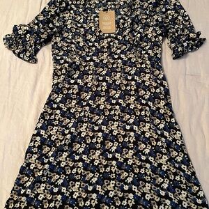 Navy Floral Dress with Puff Sleeves